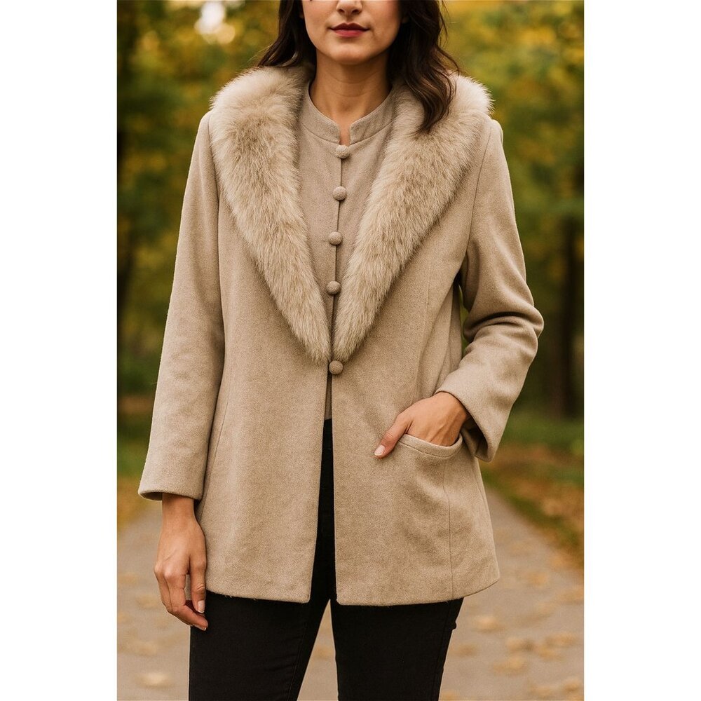 Old Money Mob Wife Wool Fur Trim Coat Vintage Luxury Made in USA‎ XL Beige